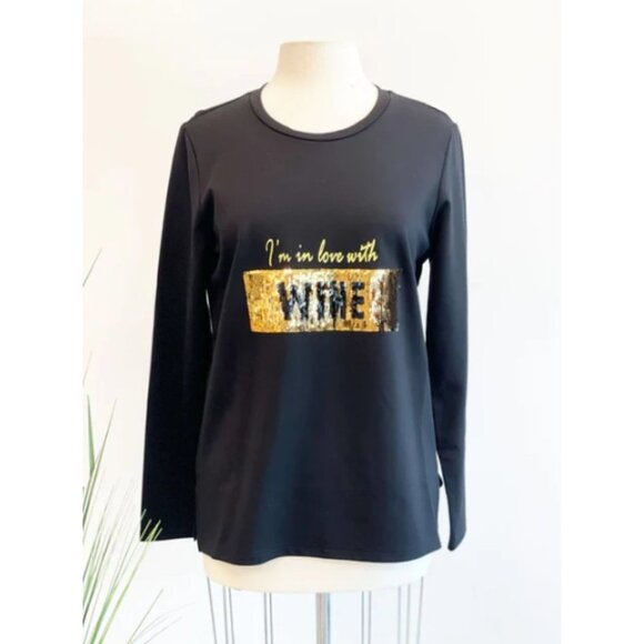 BNWT Frank Lyman Design Black/Gold Sequined Coffee/Wine Long Sleeve T-shirt S - Picture 7 of 15